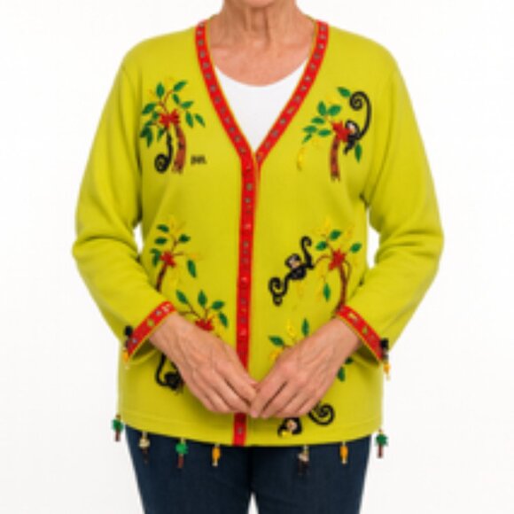 Berek Monkey Jungle Embroidered Cardigan Sweater Yellow Button Front Size Medium - Picture 2 of 15